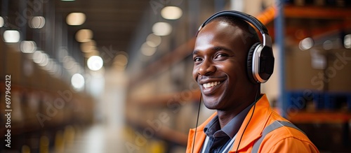 Cheerful warehouse coordinator, an African American, listening to music with headphones while inspecting merchandise in repository rows.