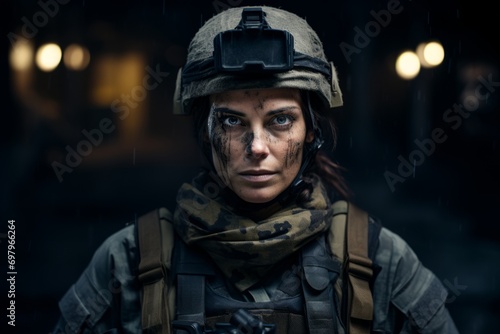Close-up portrait of a beautiful female soldier in the rain.