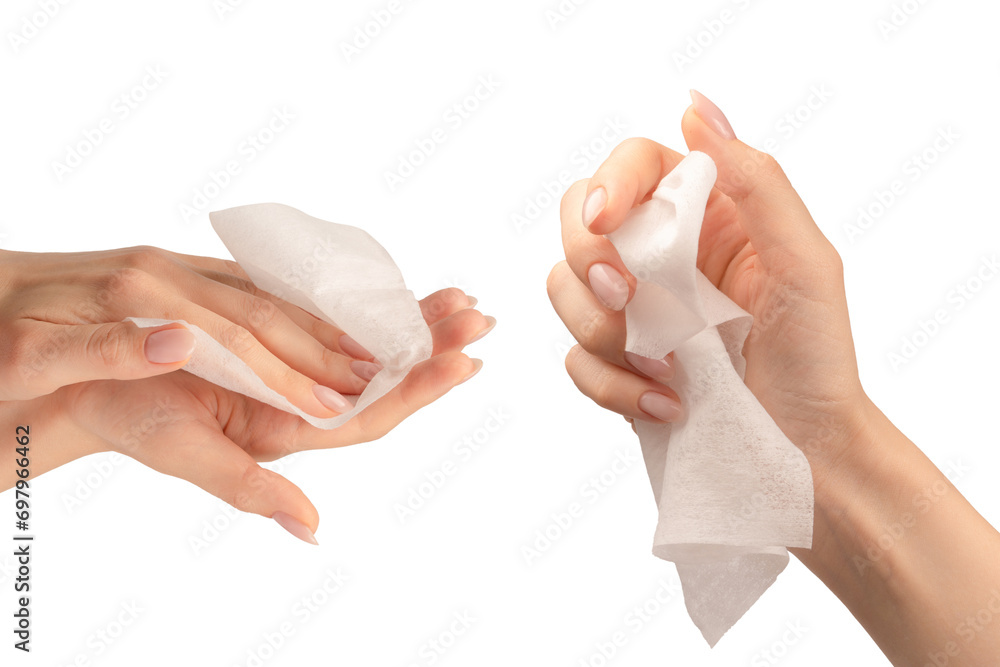 Wet wipe in a woman hand isolated on a white background. - obrazy, fototapety, plakaty 