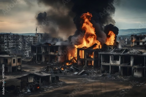 Burning ruins of destroyed houses in city from bombs or missile attacks