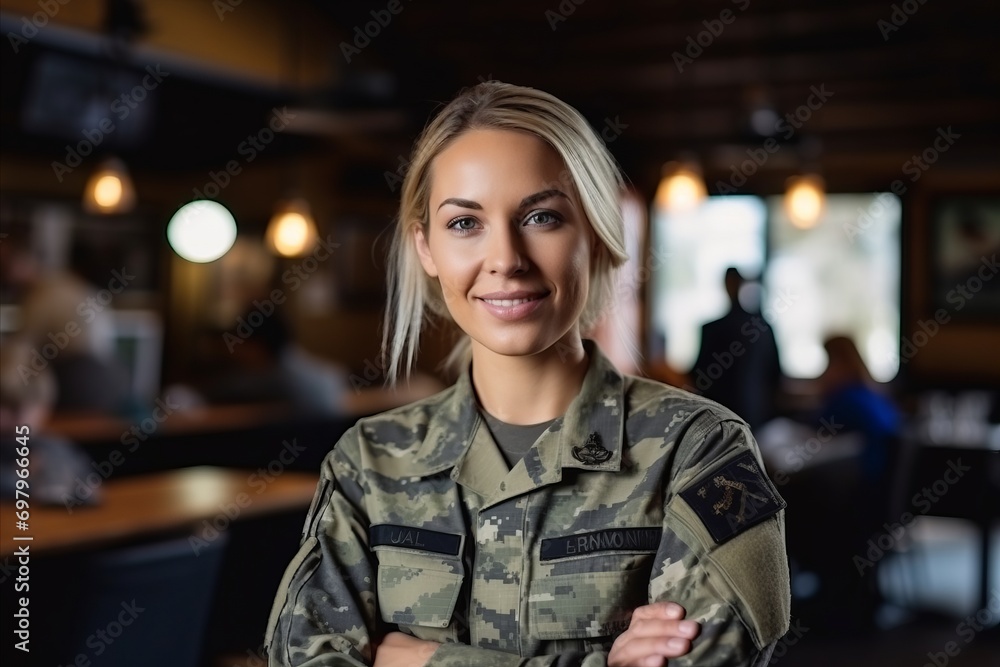 Portrait of a beautiful young woman wearing a military uniform in a restaurant Portrait of a beautiful young woman wearing a military uniform in a restaurant