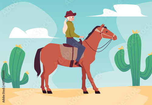 Cowgirl horsewoman riding horse at landscape backdrop, flat vector illustration.