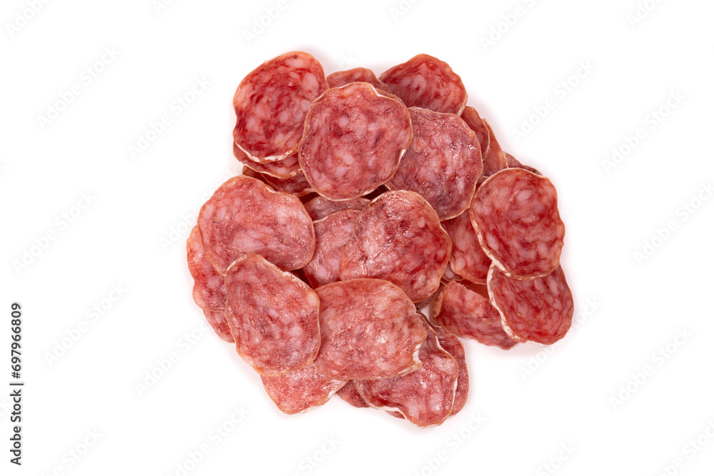 Tasty salami slices isolated on a white background. Tasty salami slices isolated on a white background.