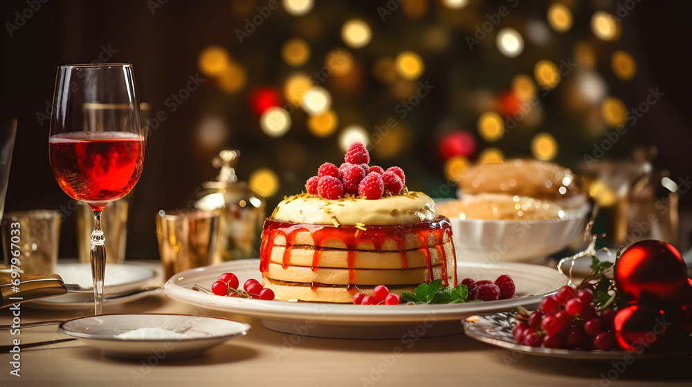 layered dessert with raspberries on top, with a glass of red wine and Christmas decorations like baubles and lights in the background
