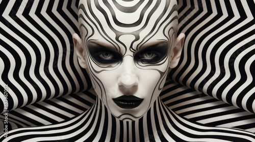 Fantasy woman face with black and white stripes. 3d rendering.