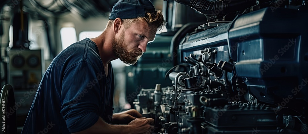 Caucasian male engineer on a superyacht maintaining the generator in the engine room. - obrazy, fototapety, plakaty 