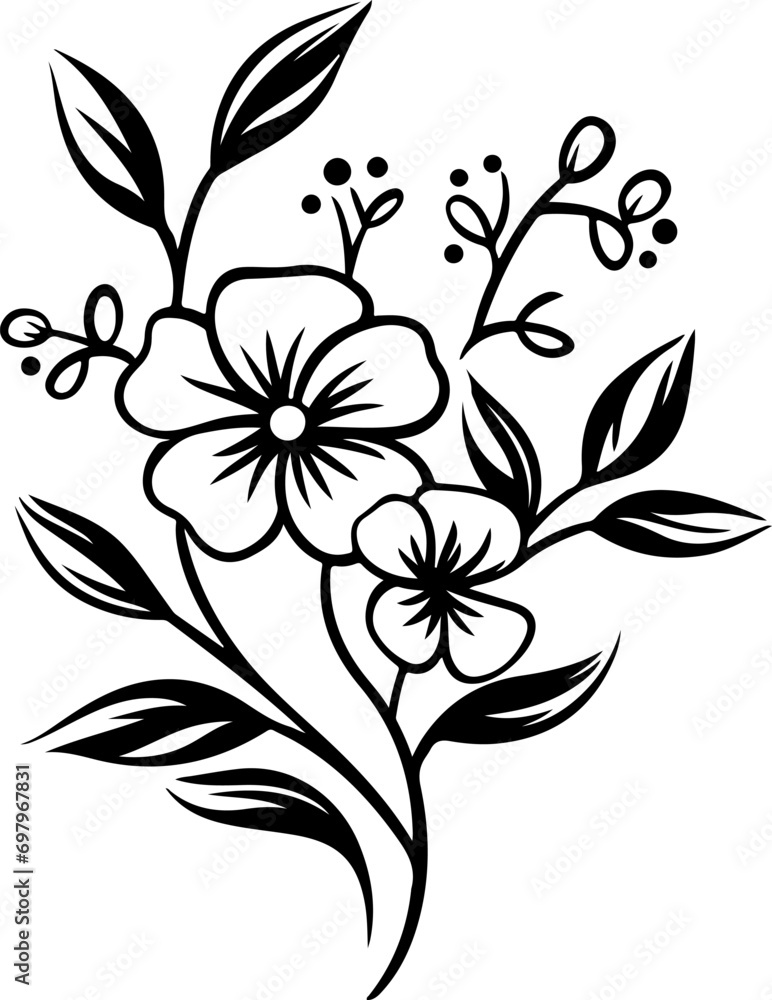 Vector black silhouettes of flowers isolated background