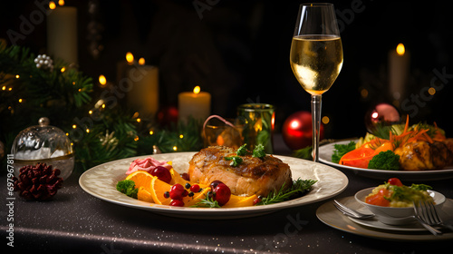 Grilled steak on a plate with herbs and berries, a glass of champagne, candles, and Christmas decorations in a festive dinner setting