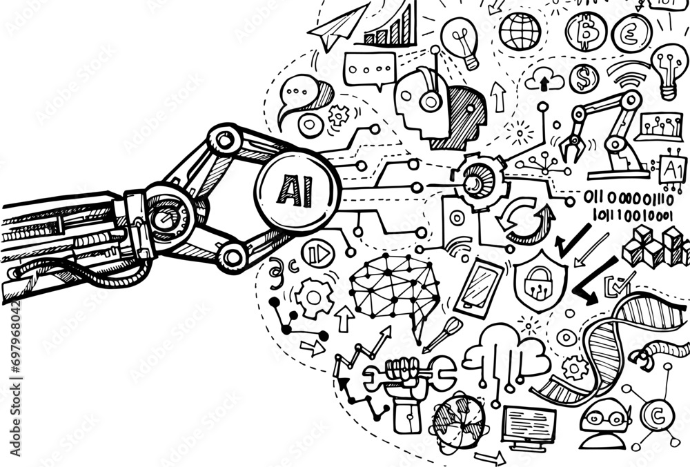 Hand drawn ai artificial intelligence doodle vector illustration background Hand drawn ai artificial intelligence doodle vector illustration background