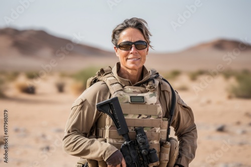 Portrait of mature woman soldier with assault rifle in the middle of the desert