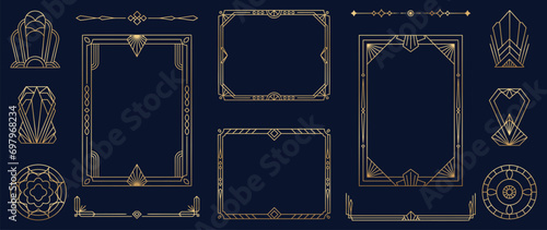 Collection of geometric art deco ornament. Luxury golden decorative elements with different lines, frames, headers, dividers and borders. Set of elegant design suitable for card, invitation, poster.