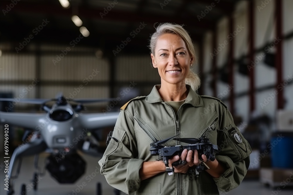 Portrait of confident mature female pilot with remote control drone in hangar Portrait of confident mature female pilot with remote control drone in hangar