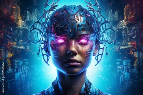 : The captivating gaze of an artificial intelligence entity, its features illuminated by the vibrant glow of neon lights, conveying a sense of intelligence and mystery