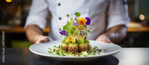 Chef with vegetarian dish adorned with an avocado flower, close-up at a fancy restaurant. photo