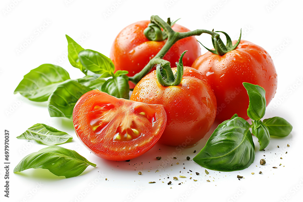 Fresh Tomatoes and Basil Composition Isolated on White Background Created with Generative AI Tools Fresh Tomatoes and Basil Composition Isolated on White Background Created with Generative AI Tools