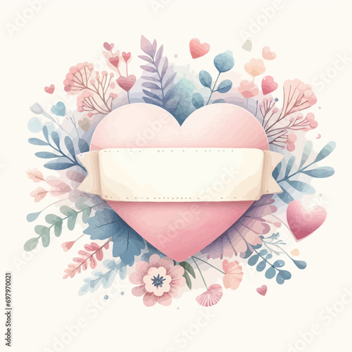 Watercolor badge background with heart , pastel sale banner vector