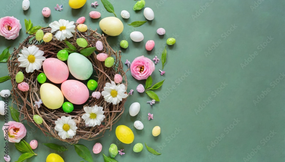 Colorful Easter eggs in a plate on a light green background green, yellow and white Easter eggs with flowers and dots on eggs frame with copy space for text in the middle Colorful Easter eggs in a plate on a light green background green, yellow and white Easter eggs with flowers and dots on eggs frame with copy space for text in the middle