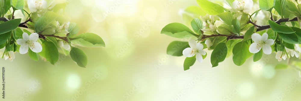 Fresh green tree leaves and blossoming apple tree frame natural background. Banner with copy space, spring concept. Fresh green tree leaves and blossoming apple tree frame natural background. Banner with copy space, spring concept.