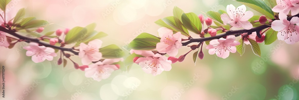 Fresh green tree leaves and blossoming pink cherry tree frame natural background. Banner with copy space, spring concept.