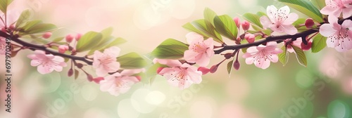 Fresh green tree leaves and blossoming pink cherry tree frame natural background. Banner with copy space  spring concept.