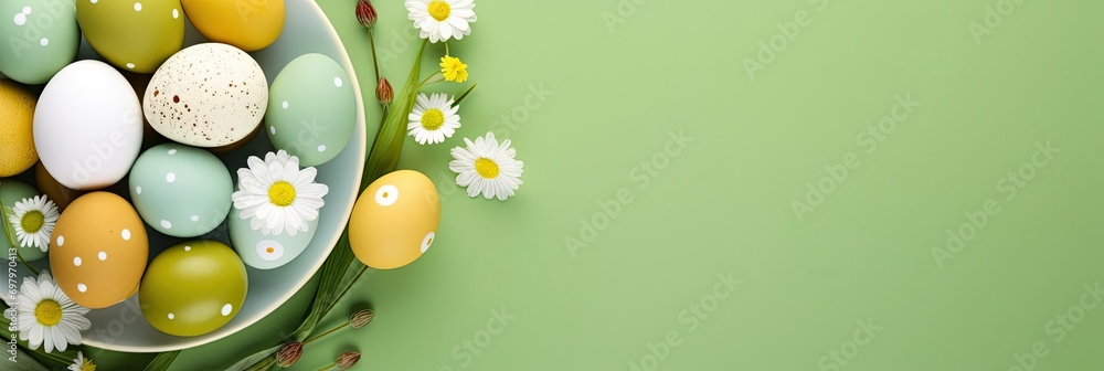 Colorful Easter eggs in a plate on a light green background green, yellow and white Easter eggs with flowers and dots on eggs frame banner with copy space for text in the middle - obrazy, fototapety, plakaty 