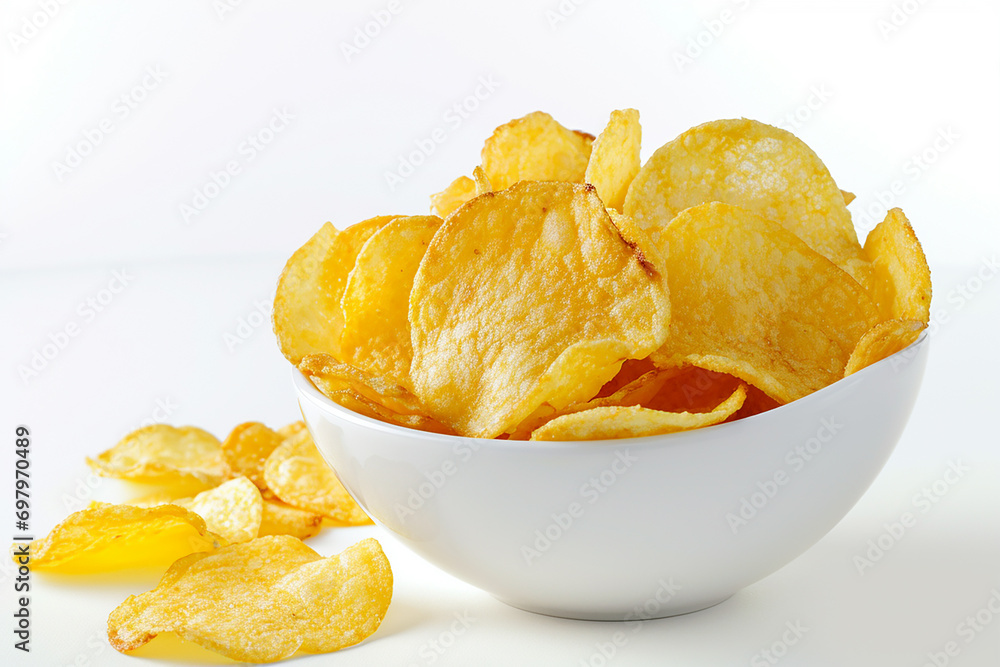 Obraz na plátně Crunchy Potato Chips in White Bowl Isolated on White Background Created with Gen