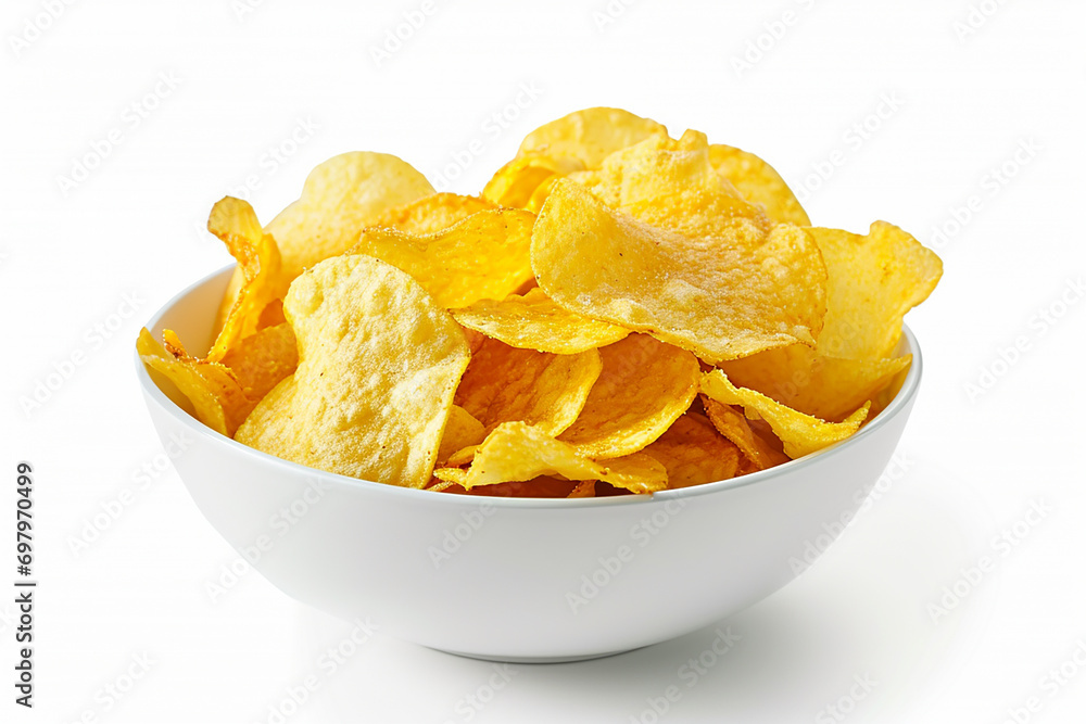 Crunchy Potato Chips in White Bowl Isolated on White Background Created with Generative AI Tools Crunchy Potato Chips in White Bowl Isolated on White Background Created with Generative AI Tools