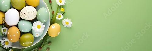 Colorful Easter eggs in a plate on a light green background green, yellow and white Easter eggs with flowers and dots on eggs frame banner with copy space for text in the middle