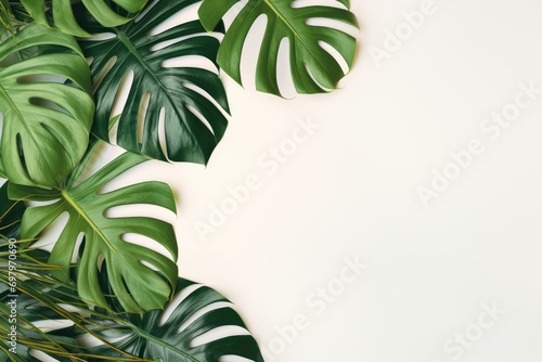 Monstera leaves summer minimal background with a space for a text, flat lay, view from above