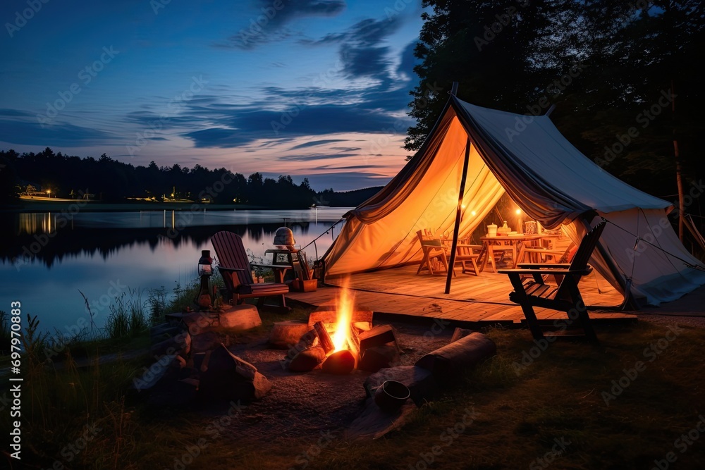 Luxury campsite. Glamping in the countryside at evening dusk and blue hour. Glamorous vacation concept.