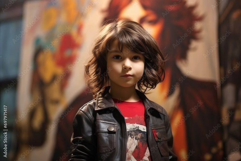 Portrait of a little boy in a leather jacket against a graffiti wall