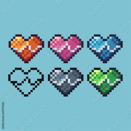 Pixel art sets of heart with beat icon with variation color item asset. Heart icon on pixelated style. 8bits perfect for game asset or design asset element for your game design asset