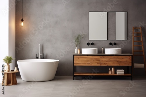 Modern bathroom interior with beige walls, Minimalist beige bathroom with modern furniture