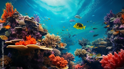 A captivating underwater coral reef teeming with vibrant marine life.