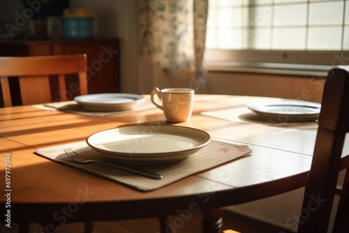 Empty plate with a fork and knife on a dark wooden table