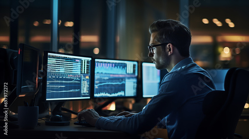 A man wearing glasses is working late, focused on complex data analytics shown on several monitors, surrounded by the soft glow of office lights, generative ai
