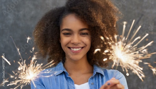 Fotografia Mulher sorridente de vista frontal com fogos de artifício