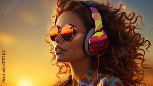 Young girl wearing big headphones and amazing sunglasses. photo