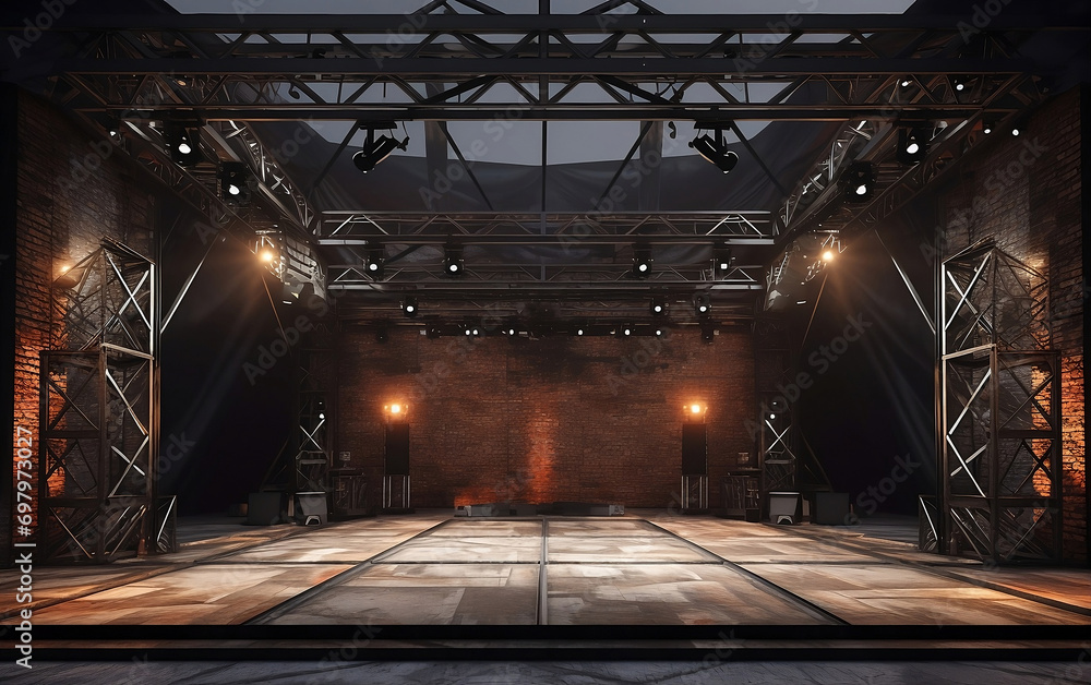 Concert stage with brick walls, metal trusses and soffit lights, industrial vibe - obrazy, fototapety, plakaty 