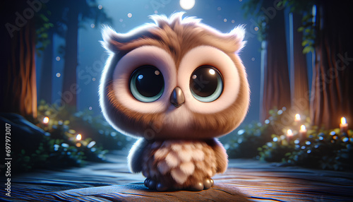 A 3D rendering of a cute and wise-looking baby owl character. The owl has large round eyes that seem curious and intelligent, Generative AI photo