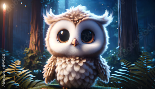 A 3D rendering of a cute and wise-looking baby owl character. The owl has large round eyes that seem curious and intelligent, Generative AI photo