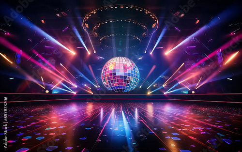 Concert stage in disco style with colorful lights and shimmering disco ball on the stage