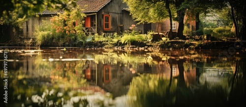 Blurry reflection of house planted by canal.