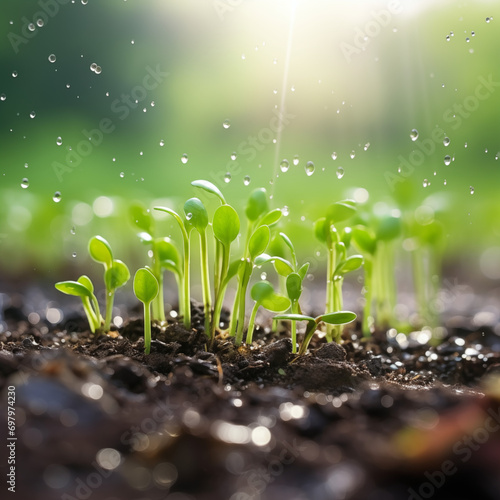 Plant seeds sown in the field and green sprout young cotyledon with water droplets and fresh rain and raindrops on the leaves 