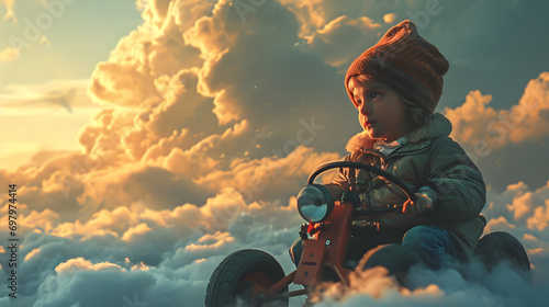 Child Riding Bike in Clouds with Sunset Sky. Generative AI photo