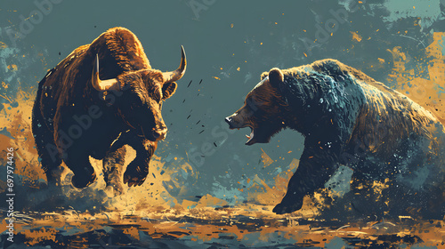 Bull and Bear in Stylized Market Battle. Illustration created with Generative AI photo
