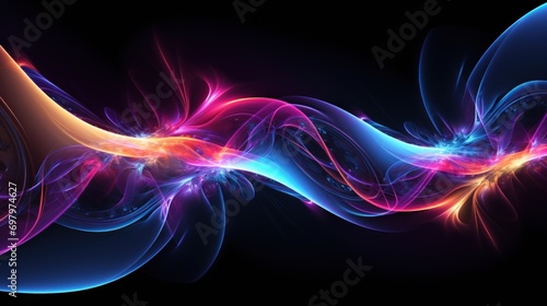Abstract motion neon light fractal wallpaper with dark space background. AI generated image