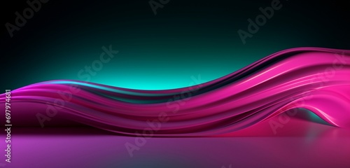 Iridescent waves of neon mint and cosmic magenta, casting an otherworldly glow on an abstract 3D-rendered minimal stage