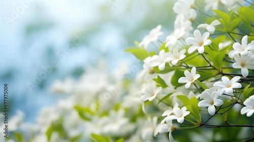 Closeup white jasmine flower on nature blur background. AI generated