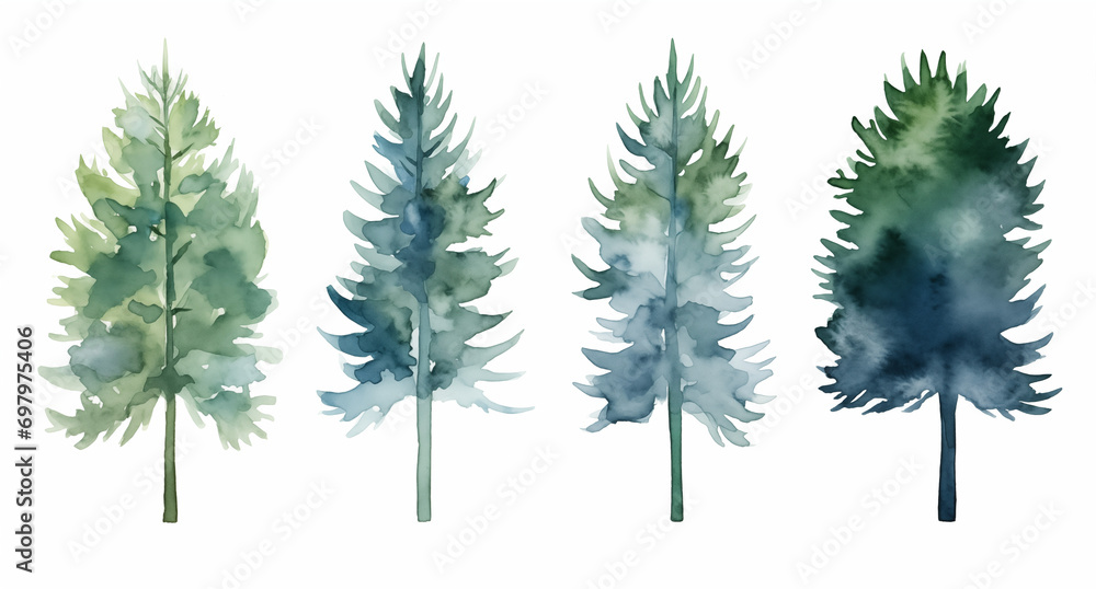 collection set of trees pattern watercolor	